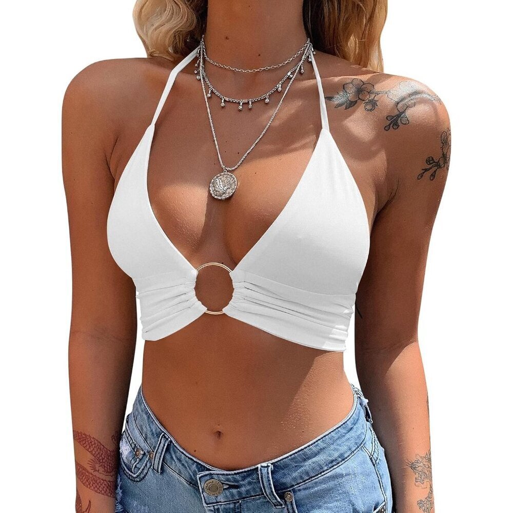 Women's Summer Sleeveless Crop Top Fashion Backless Halter V Neck Tie Up